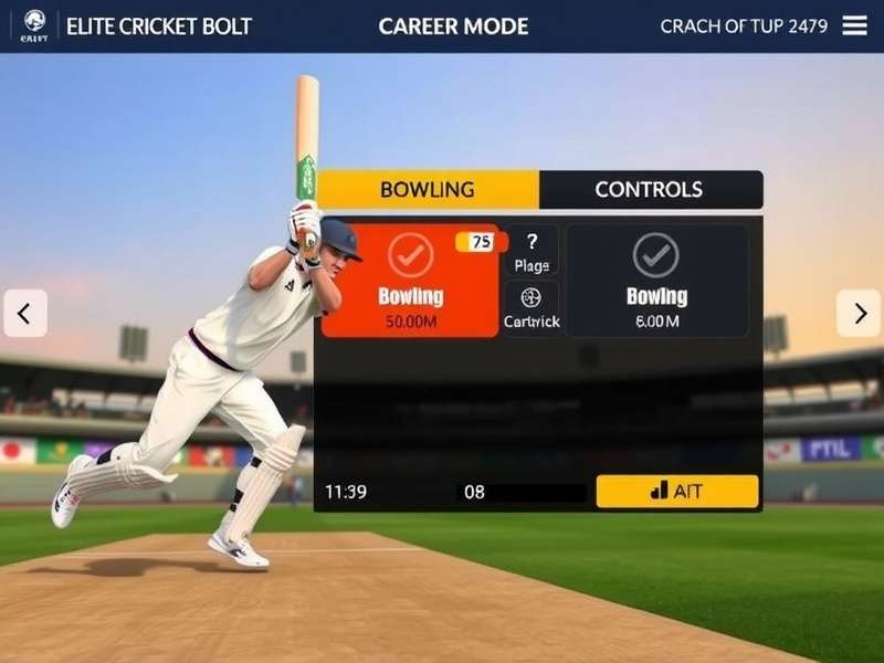 Elite Cricket Bolt Batting Interface Elite Cricket Bolt gameplay screenshot showing batting interface