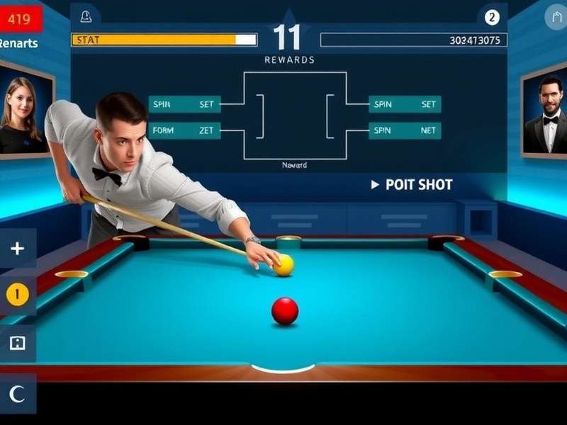 Advanced Shot Setup in Pool Star Master Advanced shot setup in Pool Star Master showing angle and spin adjustments