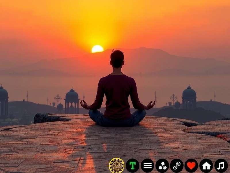 Spiritual Ground Trek gameplay showing character meditation at sunrise