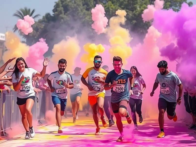 Group of diverse participants celebrating after completing Holi Sprint Race