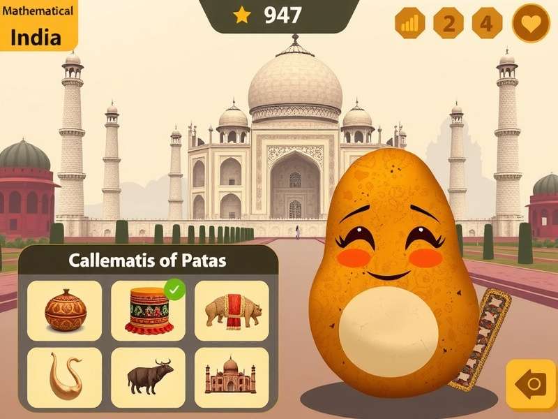 Spud Exploration Journey India gameplay screenshot showing potato character in front of Taj Mahal