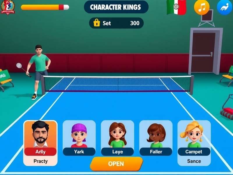Indian Racket Kings gameplay screenshot showing badminton court and characters