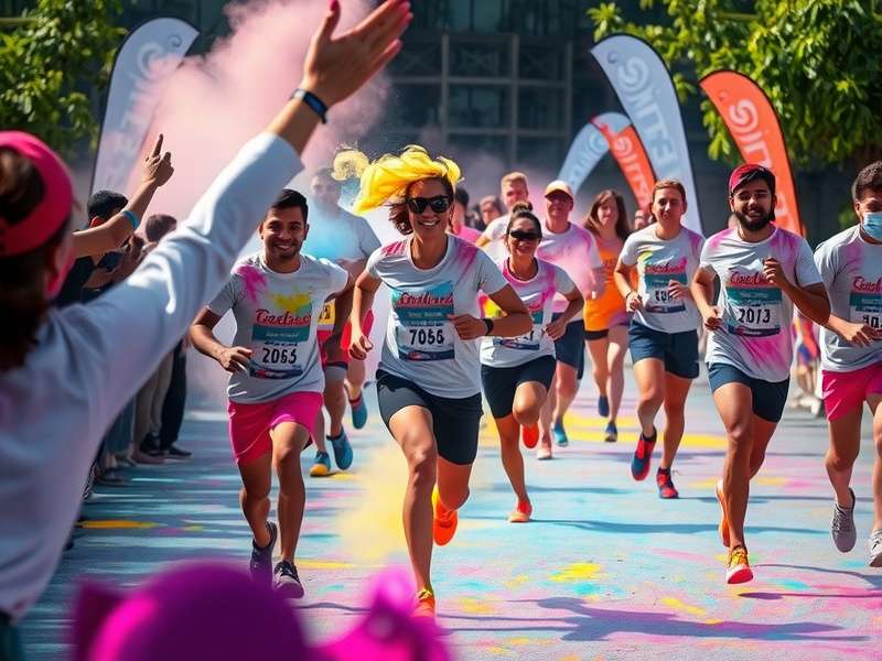 Color station during Holi Sprint Race with volunteers throwing powder