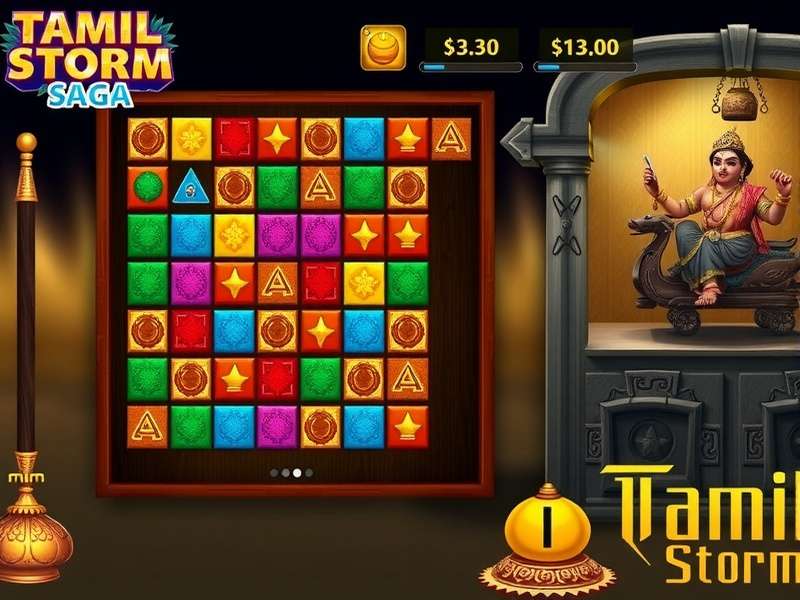 Tamil Storm Saga gameplay screenshot showing colorful puzzle elements
