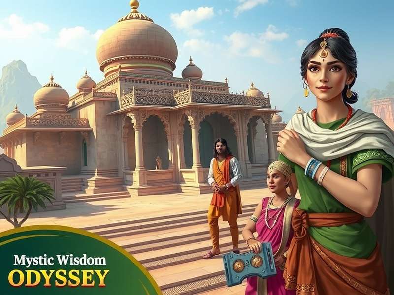 Mystic Wisdom Odyssey gameplay screenshot showing ancient Indian architecture and puzzle elements