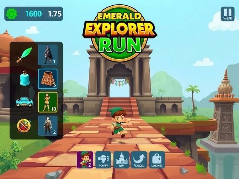 Emerald Explorer Run character customization screen showing various outfits and power-ups