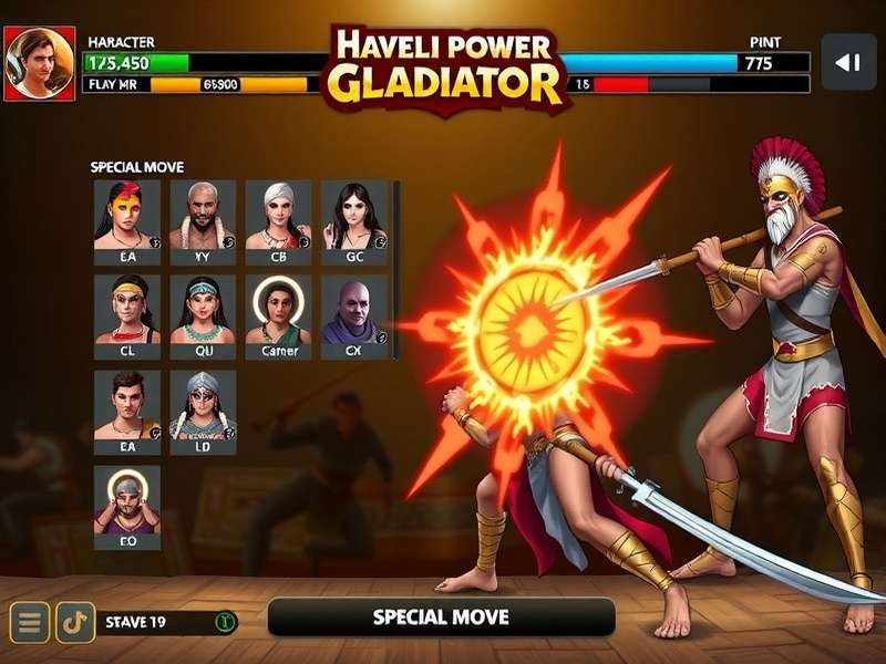 Haveli Power Gladiator character selection screen showing diverse Indian warriors